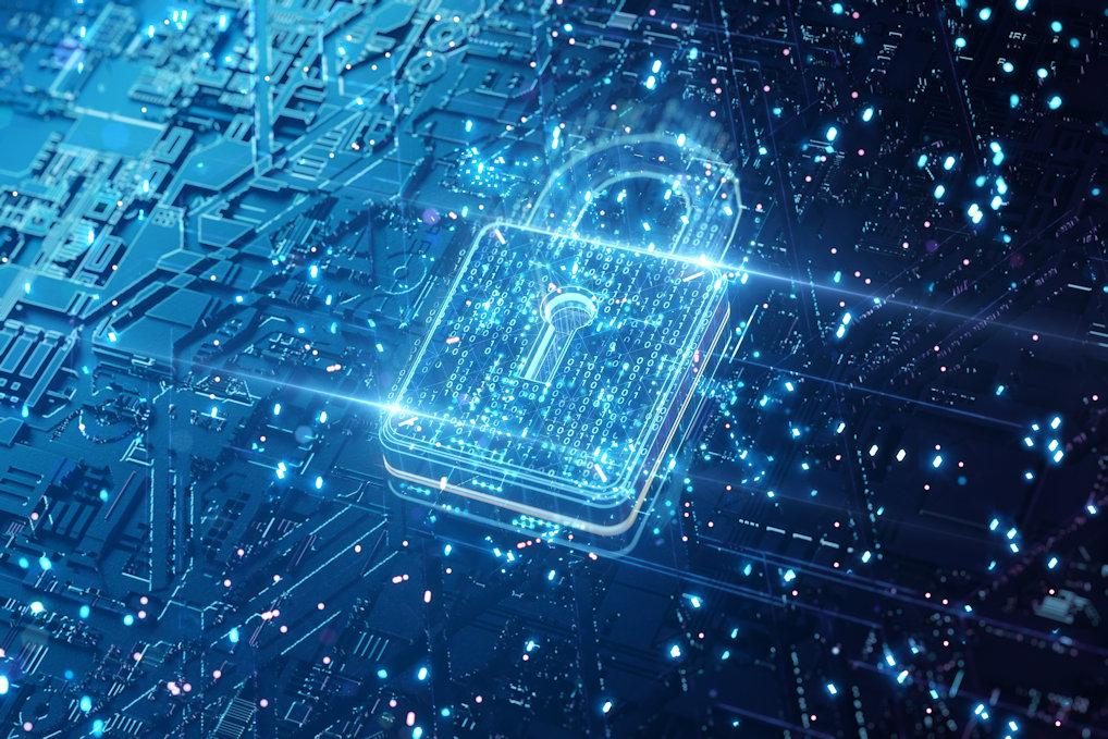 Digital padlock and circuit board representing the security operations center